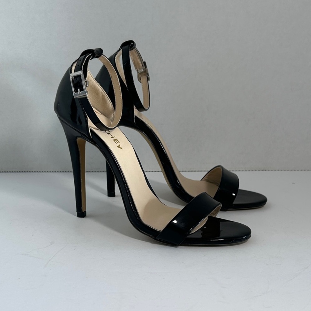 Zriey Black Patent Leather Open Toe Heels - 7.5 (38)